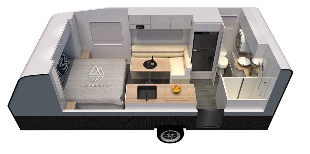 3d cutaway illustration of the Amaroo 1705-L caravan showing an organised layout with a living space, kitchen, bed, and bathroom.