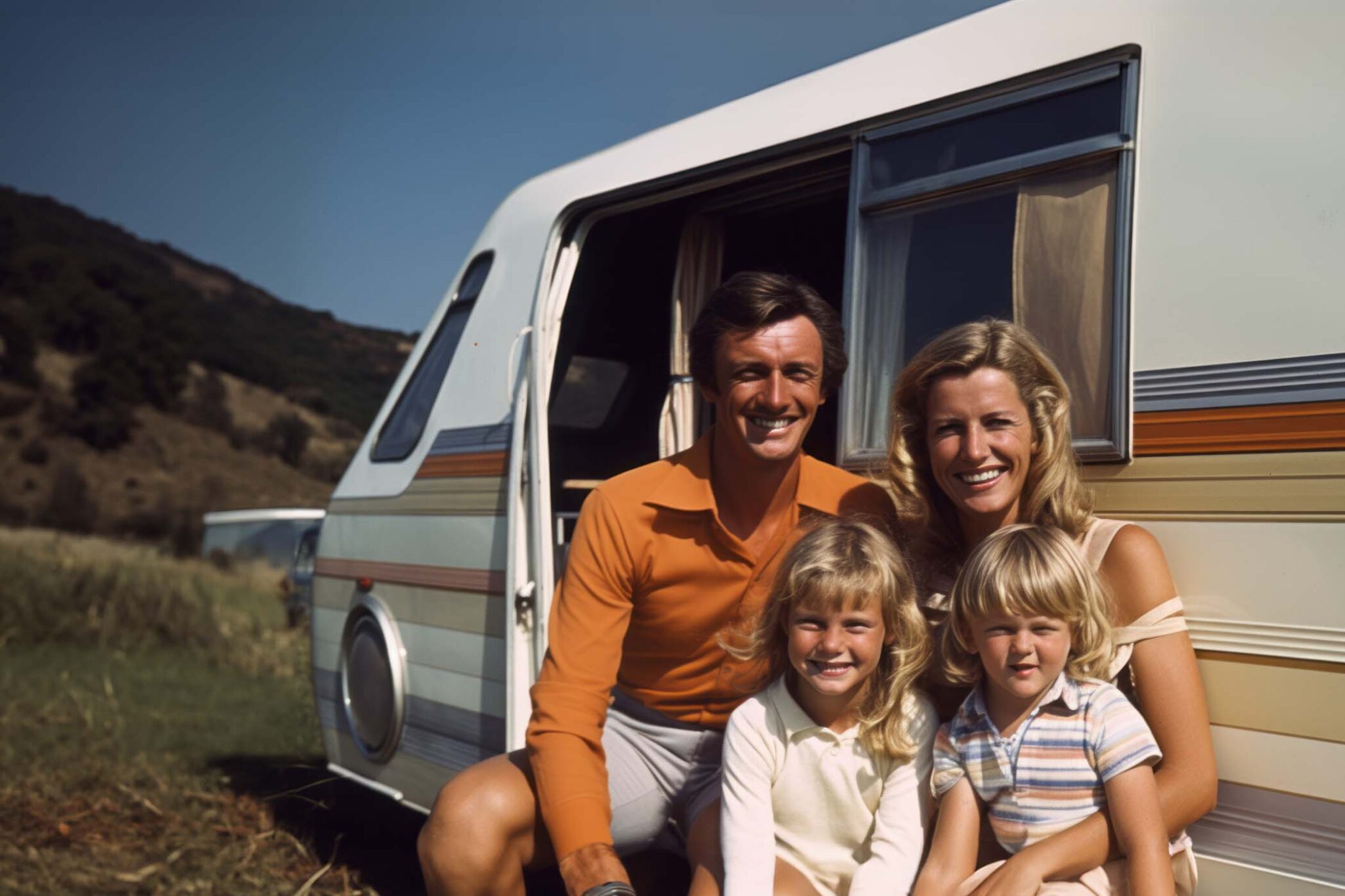 Family in vintage caravan circa, 1970’s