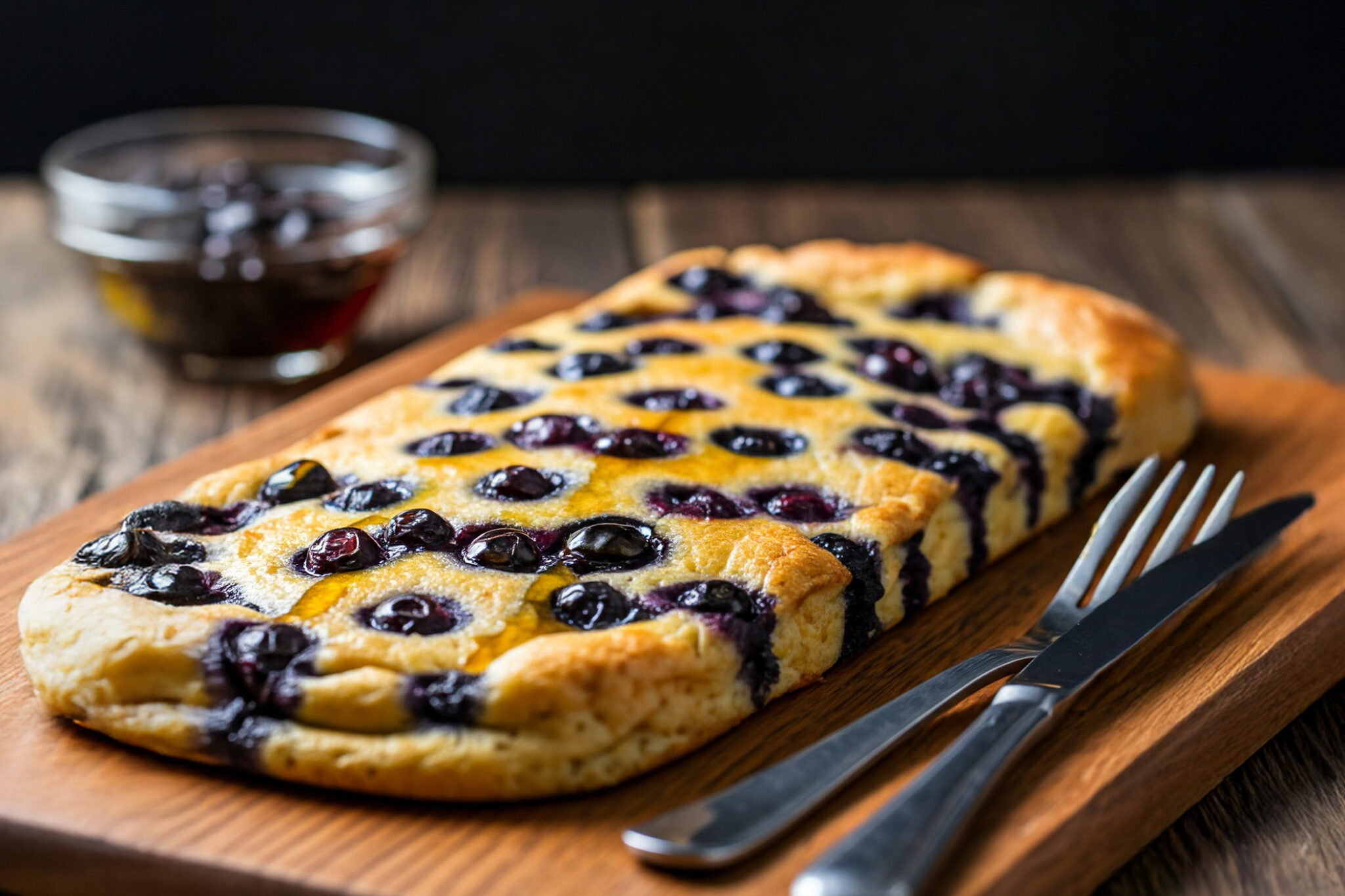 Blueberry Pancake Bake on a wooden chopping board