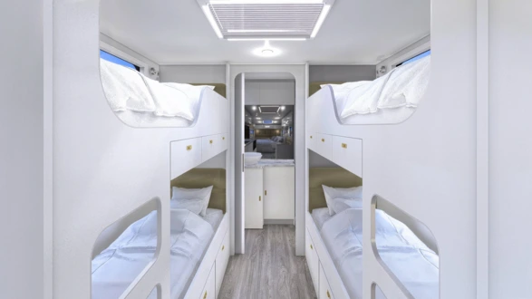2 bunks on each side and rear en-suite