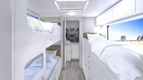 2 bunks on roadside, 1 bunk and storage on doorside and rear en-suite