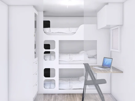 3 bunks at rear, work-station on doorside