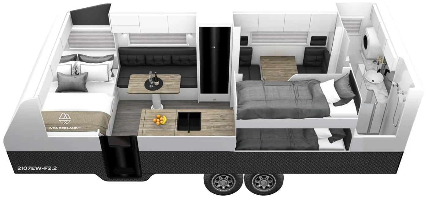 3D cutaway of a Wonderland RV family caravan layout with bunks