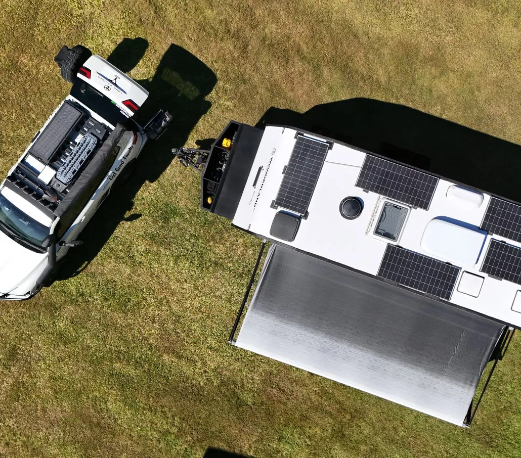 Aerial view of the Solara with its awning out, hitched and ready to go