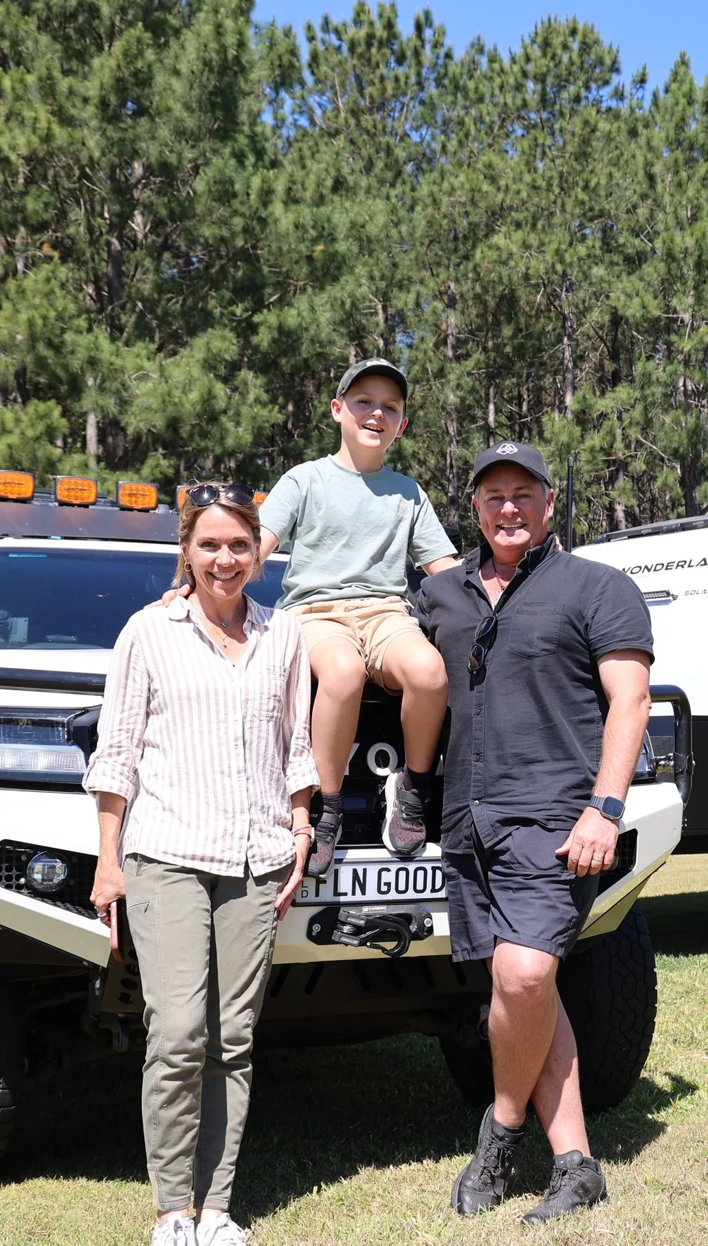 Katie, Paul and Jasper with their Toyota tow vehicle