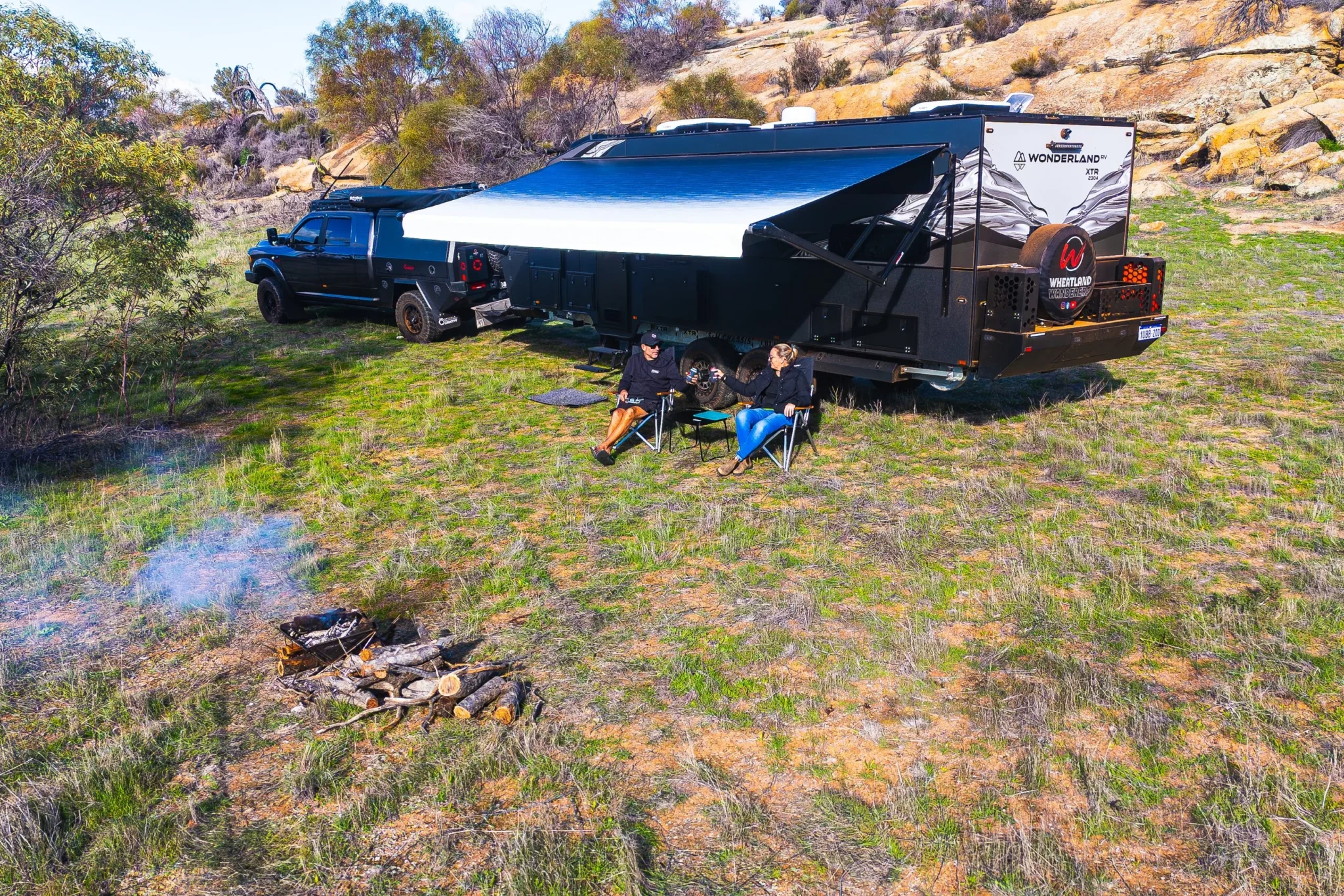 The Wheatland Wanderers&rsquo; Wonderland RV XTR set up at a bush camp