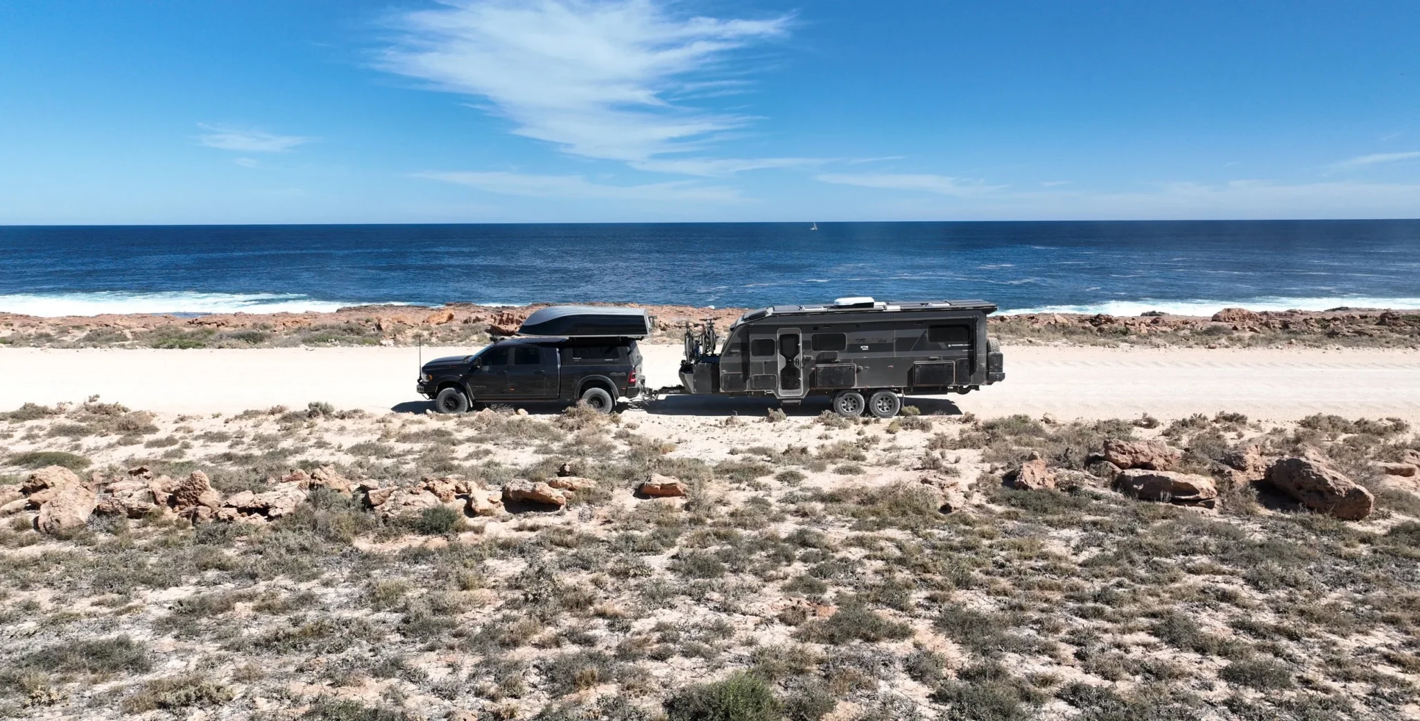 Wonderland RV caravans parked on a beach by the ocean